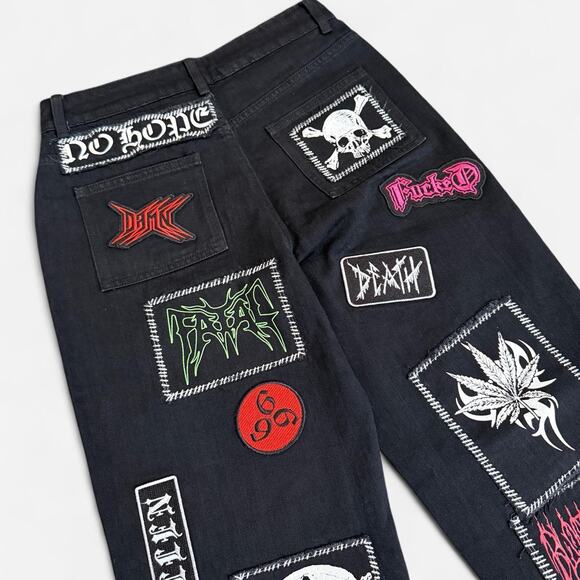 NWOT Dolls Kill Current Mood Black Patched Punk Distressed Hem Baggy Jeans XS - Picture 5 of 7